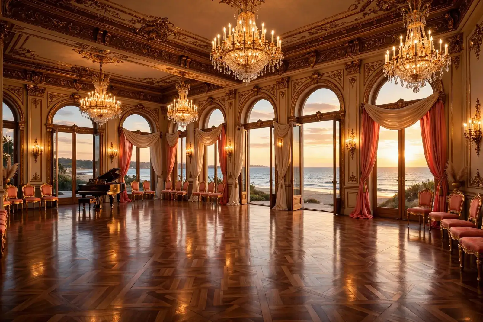 An empty ballroom at golden hour, chandeliers lit, tall windows open to the beach and the ocean