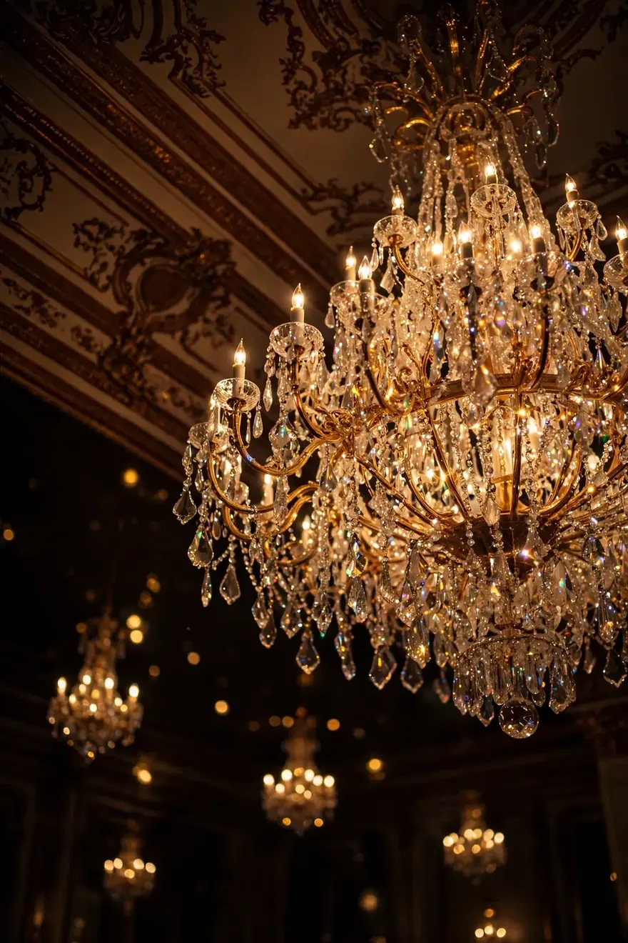 A crystal chandelier glowing gold under an ornate ballroom ceiling at night