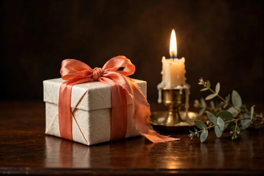 A small gift box wrapped in cream paper and tied with a coral silk ribbon, beside a candle