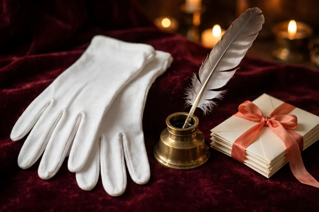 White gloves laid flat beside a quill, an inkwell, and letters tied with coral ribbon