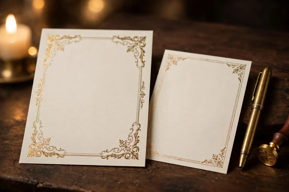 Blank engraved invitation cards with gold borders beside a brass pen and a wax seal stamp