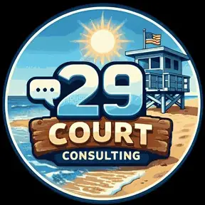 The 29Court mark, in motion: a lifeguard tower over the beach at golden hour, waves rolling, the sun turning