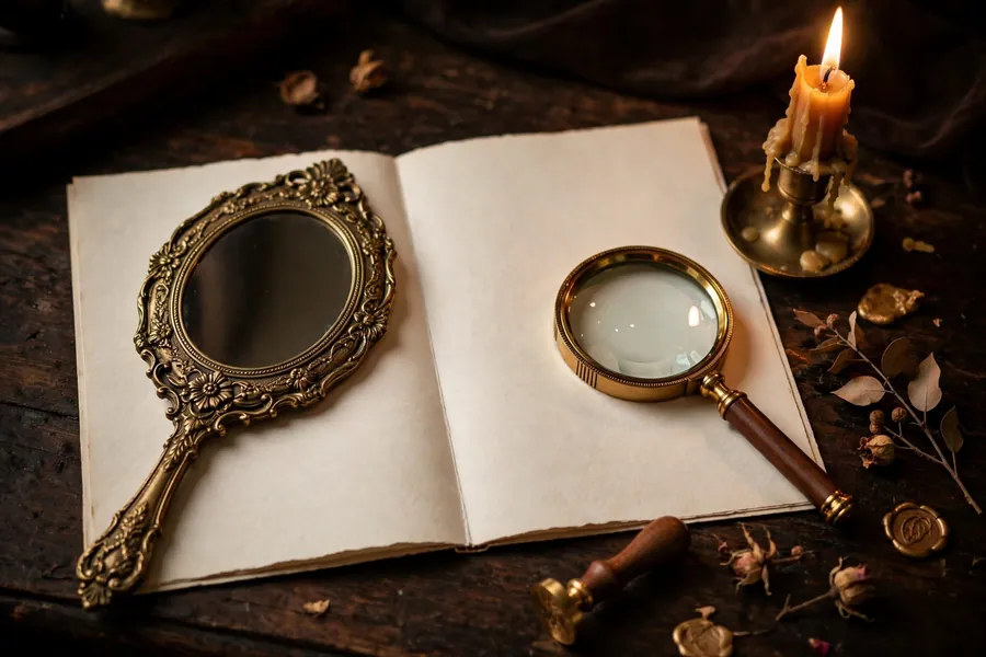 A brass hand mirror and a magnifying glass resting on a blank open book, by candlelight