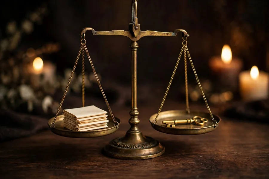 A brass balance scale weighing a stack of letters against a single gold key